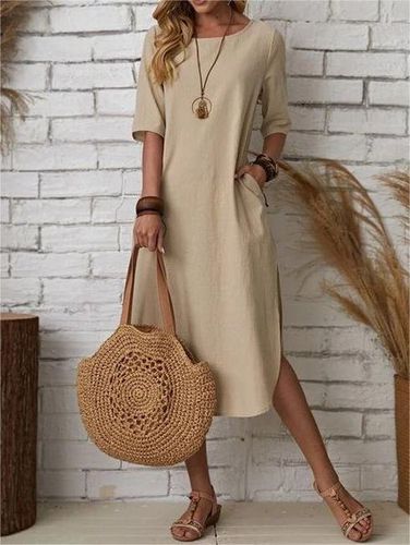 Cotton Loose Casual Plain Dress With No - Just Fashion Now - Modalova