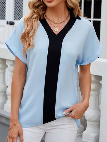 V Neck Casual Color Block Loose Shirt - Just Fashion Now - Modalova