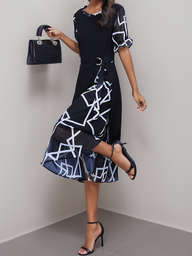 Women's Short Sleeve Summer Geometric Dress Layered Look Crew Neck Elegant Blue Maxi Dress - Just Fashion Now - Modalova