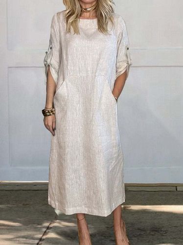 Women's Half Sleeve Summer White Plain Crew Neck Daily Casual Midi Dress - Just Fashion Now - Modalova