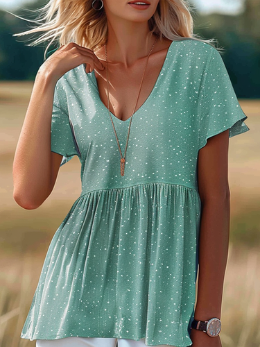 Women's Short Sleeve Shirt Summer Green Polka Dots V Neck Daily Casual Top - Just Fashion Now - Modalova