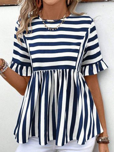 Women's Short Sleeve Shirt Summer Blue Striped Crew Neck Daily Going Out Casual Top - Just Fashion Now - Modalova