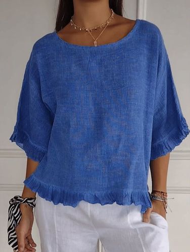 Women's Half Sleeve Shirt Summer Blue Plain Ruffle Cotton Crew Neck Dolman Sleeve Daily Simple Top - Just Fashion Now - Modalova