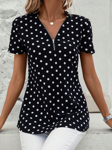 Women's Short Sleeve Shirt Summer Dark Blue Polka Dots Zipper V Neck Going Out Top - Just Fashion Now - Modalova