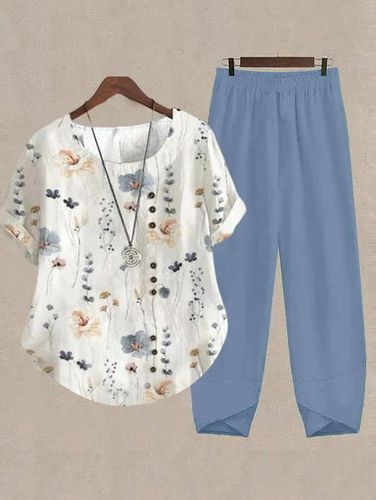 Country Floral Casual Cotton Top & Cotton Pants Two-Piece Set - Just Fashion Now - Modalova