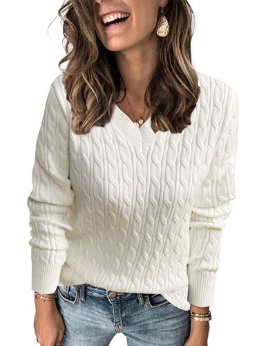 Regular Sleeve Casual V Neck Loose Sweater - Just Fashion Now - Modalova