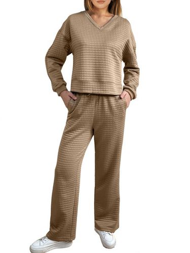 Women's Plain Daily Going Out Two-Piece Set Khaki Casual Spring/Fall Top With Pants Matching Set - Just Fashion Now - Modalova