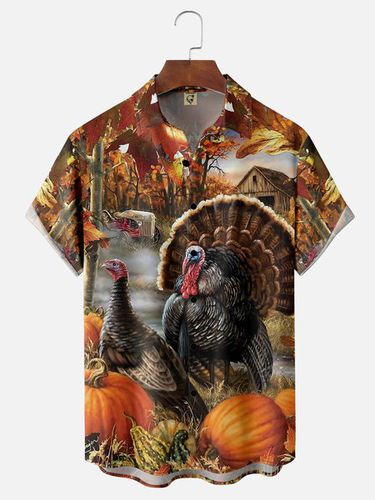 Thanksgiving Turkey Chest Pocket Short Sleeve Hawaiian Shirt - Modetalente - Modalova