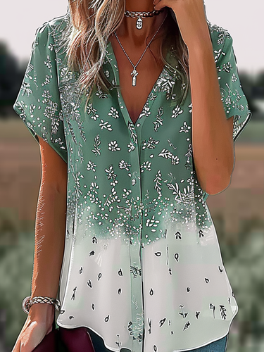 Women's Summer Green Floral Printing V Neck Daily Casual Top - Just Fashion Now - Modalova