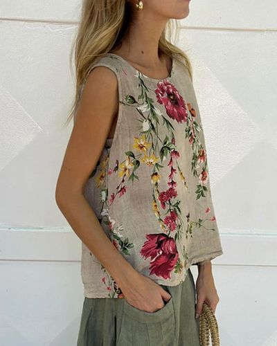 Loose Floral Vacation Crew Neck Tank Top - Just Fashion Now - Modalova