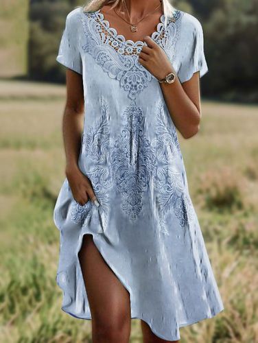 Women's Short Sleeve Summer Light Blue Floral Lace Shirt Collar Daily Going Out Casual Midi A-Line - Just Fashion Now - Modalova