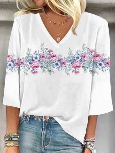 V Neck Floral Loose Casual Blouse - Just Fashion Now - Modalova