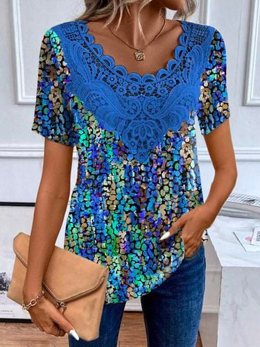 Women's Short Sleeve Blouse Summer Blue Colorblock Lace Jersey Crew Neck Daily Going Out Casual Top - Just Fashion Now - Modalova