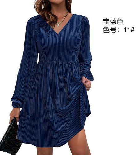 Women's Long Sleeve Summer Nudepink Plain V Neck Balloon Sleeve Daily Going Out Casual Knee Length A-Line Dress - Just Fashion Now - Modalova