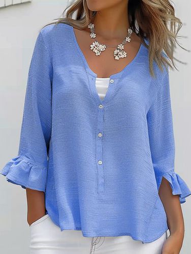 Women's Three Quarter Sleeve Blouse Spring/Fall Light Blue Plain Buckle Notched Bell Sleeve Daily Going Out Casual Top - Just Fashion Now - Modalova