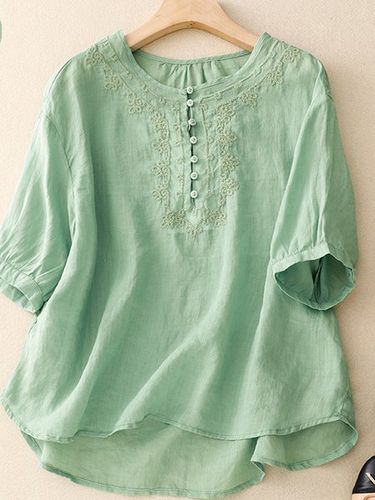 Shirt Collar Casual Cotton And Linen Blouse - Modetalente - Modalova