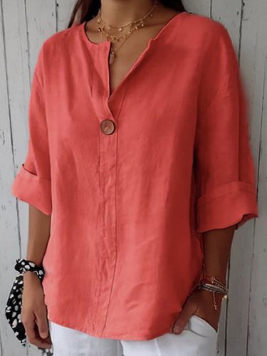 Cotton Loose V Neck Casual Blouse - Just Fashion Now - Modalova