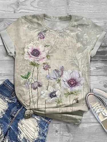 Casual Floral Jersey Crew Neck T-Shirt - Just Fashion Now - Modalova