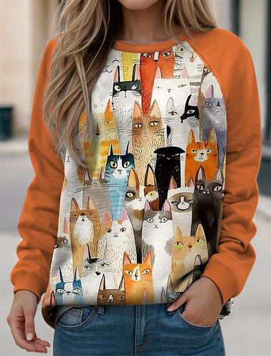 Casual Cat Crew Neck Loose Sweatshirt - Just Fashion Now - Modalova