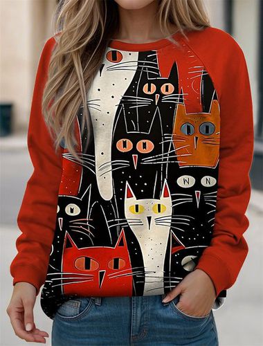 Casual Cat Crew Neck Loose Sweatshirt - Just Fashion Now - Modalova