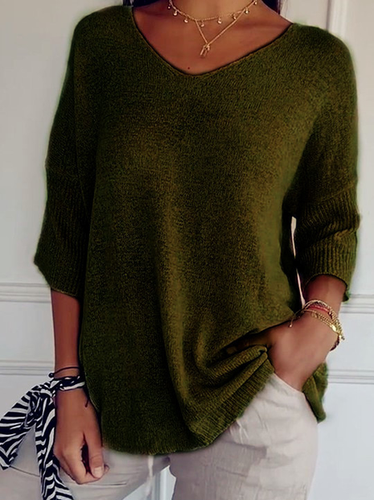 Plain Casual Loose V Neck Sweater - Just Fashion Now - Modalova