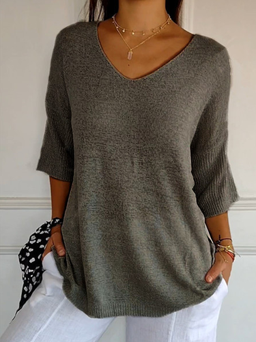 Plain Casual Loose V Neck Sweater - Just Fashion Now - Modalova