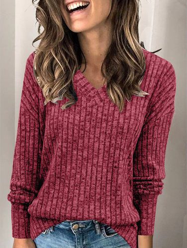 V Neck Casual Knitted Loose T-Shirt - Just Fashion Now - Modalova