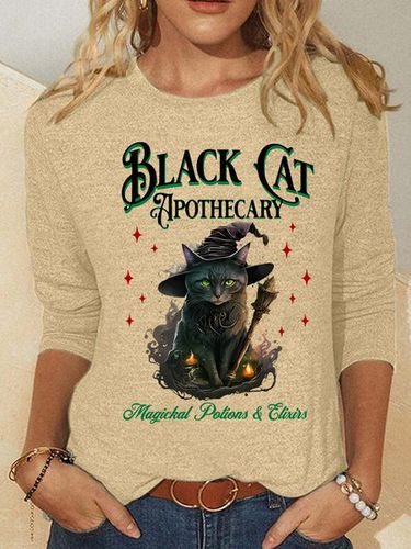 Black Cat Apothecary Halloween Casual Long Sleeve Shirt - Just Fashion Now - Modalova