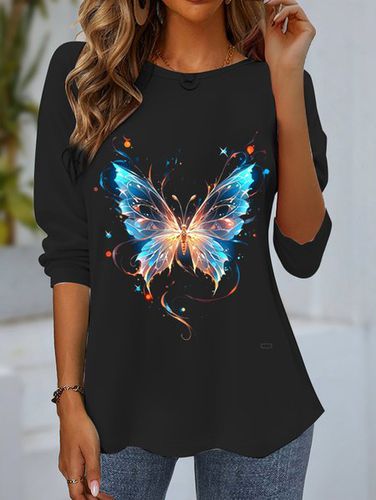 Women's Long Sleeve T-shirt Spring/Fall Black Butterfly Jersey Crew Neck Daily Going Out Casual Top - Just Fashion Now - Modalova