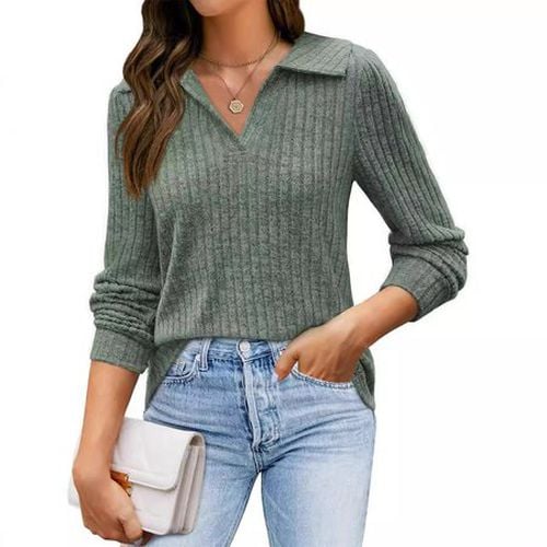 Women's Long Sleeve Blouse Spring/Fall Blue Plain Shirt Collar Daily Going Out Casual Top - Just Fashion Now - Modalova