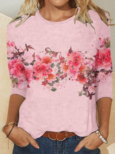 Casual Crew Neck Top With Floral Design - Just Fashion Now - Modalova