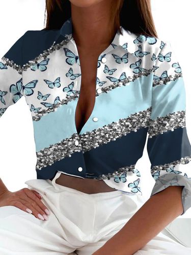 Women's Long Sleeve Shirt Spring/Fall White Geometric Shirt Collar Daily Going Out Casual Top - Just Fashion Now - Modalova