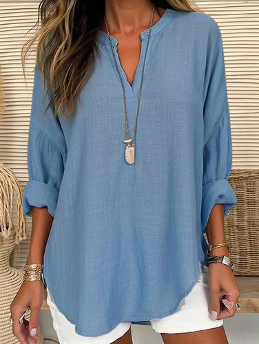 Loose Plain Notched Casual Blouse - Just Fashion Now - Modalova