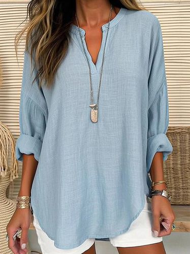 Loose Plain Notched Casual Blouse - Just Fashion Now - Modalova