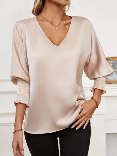 Women's Long Sleeve Blouse Spring/Fall Apricot Plain V Neck Daily Going Out Casual Top - Just Fashion Now - Modalova