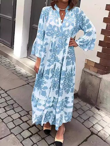 Women's Long Sleeve Spring/Fall Khaki Ethnic Printing V Neck Party Going Out Ethnic Maxi A-Line Dress - Just Fashion Now - Modalova