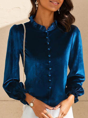 Women's Long Sleeve Blouse Spring/Fall Green Plain Buckle Velvet Lotus Leaf Collar Daily Going Out Casual Top - Just Fashion Now - Modalova