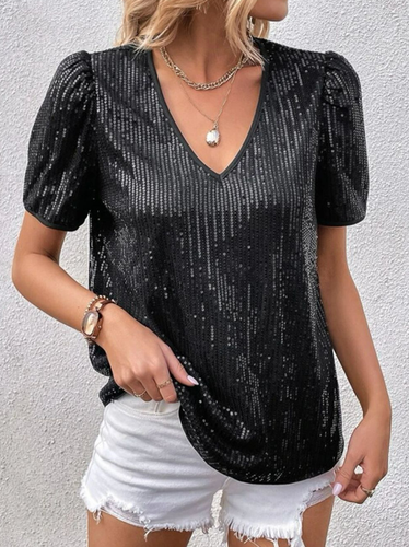 Women's Plain Glitter V Neck Daily Going Out Casual Top - Just Fashion Now - Modalova