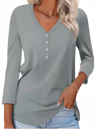 Women's Long Sleeve T-shirt Spring/Fall Gray Plain V Neck Daily Going Out Casual Top - Modetalente - Modalova