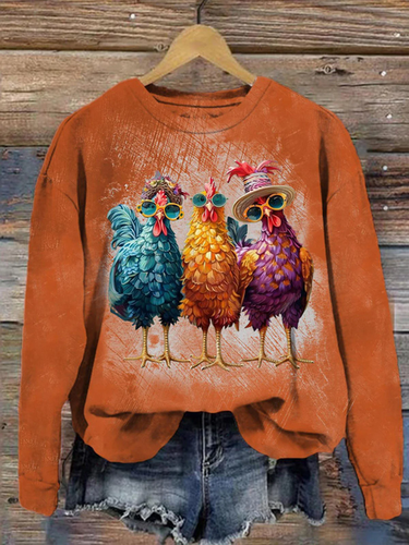 Women's Autumn Fun Rooster Retro Print Sweatshirt - Just Fashion Now - Modalova