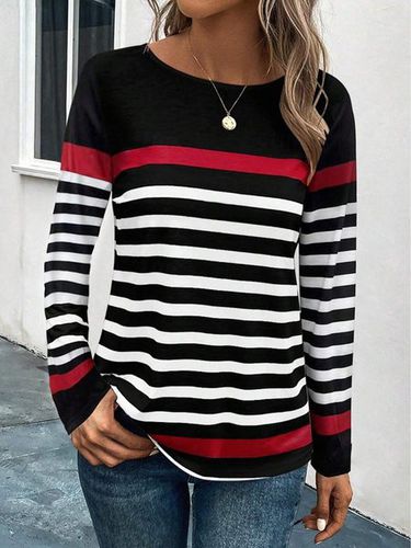 Striped Design Round Neck Casual T-Shirt - Just Fashion Now - Modalova