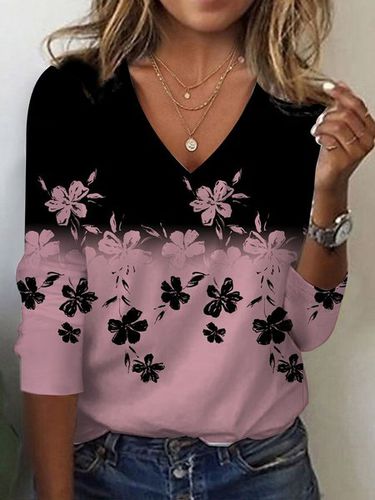 Women's Long Sleeve T-shirt Spring/Fall Black Floral Jersey V Neck Daily Going Out Casual Top - Just Fashion Now - Modalova