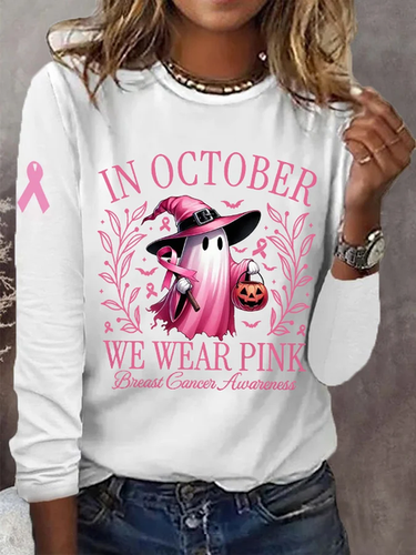 Women's In October We Wear Pink Halloween Ghost Breast Cancer Awareness Warrior Long-Sleeve T-Shirt - Just Fashion Now - Modalova