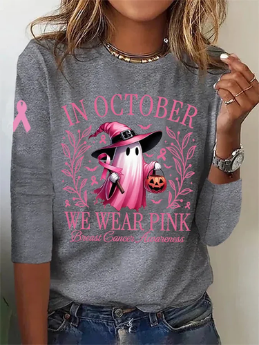 Women's In October We Wear Pink Halloween Ghost Breast Cancer Awareness Warrior Long-Sleeve T-Shirt - Just Fashion Now - Modalova