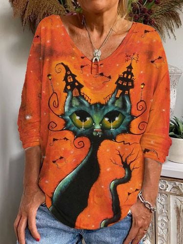 Halloween Cat Design V-Neck Loose T-Shirt - Just Fashion Now - Modalova