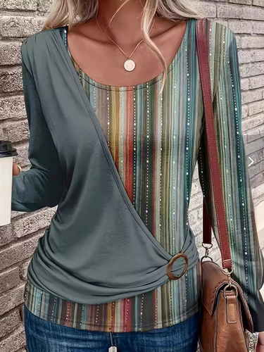 Women's Long Sleeve Blouse Spring/Fall Green Striped Crew Neck Daily Going Out Casual Top - Just Fashion Now - Modalova