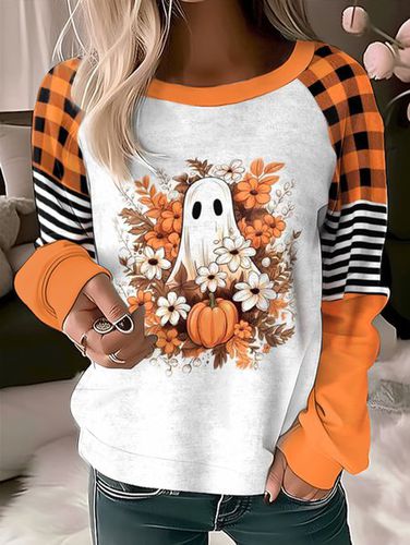 Spring/Fall Crew Neck Plaid Casual Loose Geometric Plaid Halloween Sweatshirt - Just Fashion Now - Modalova