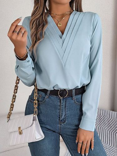 Loose Plain V Neck Casual Blouse - Just Fashion Now - Modalova