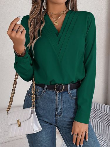 Loose Plain V Neck Casual Blouse - Just Fashion Now - Modalova