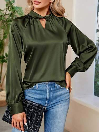 Women's Long Sleeve Blouse Spring/Fall Army Green Plain Crew Neck Daily Going Out Casual Top - Just Fashion Now - Modalova